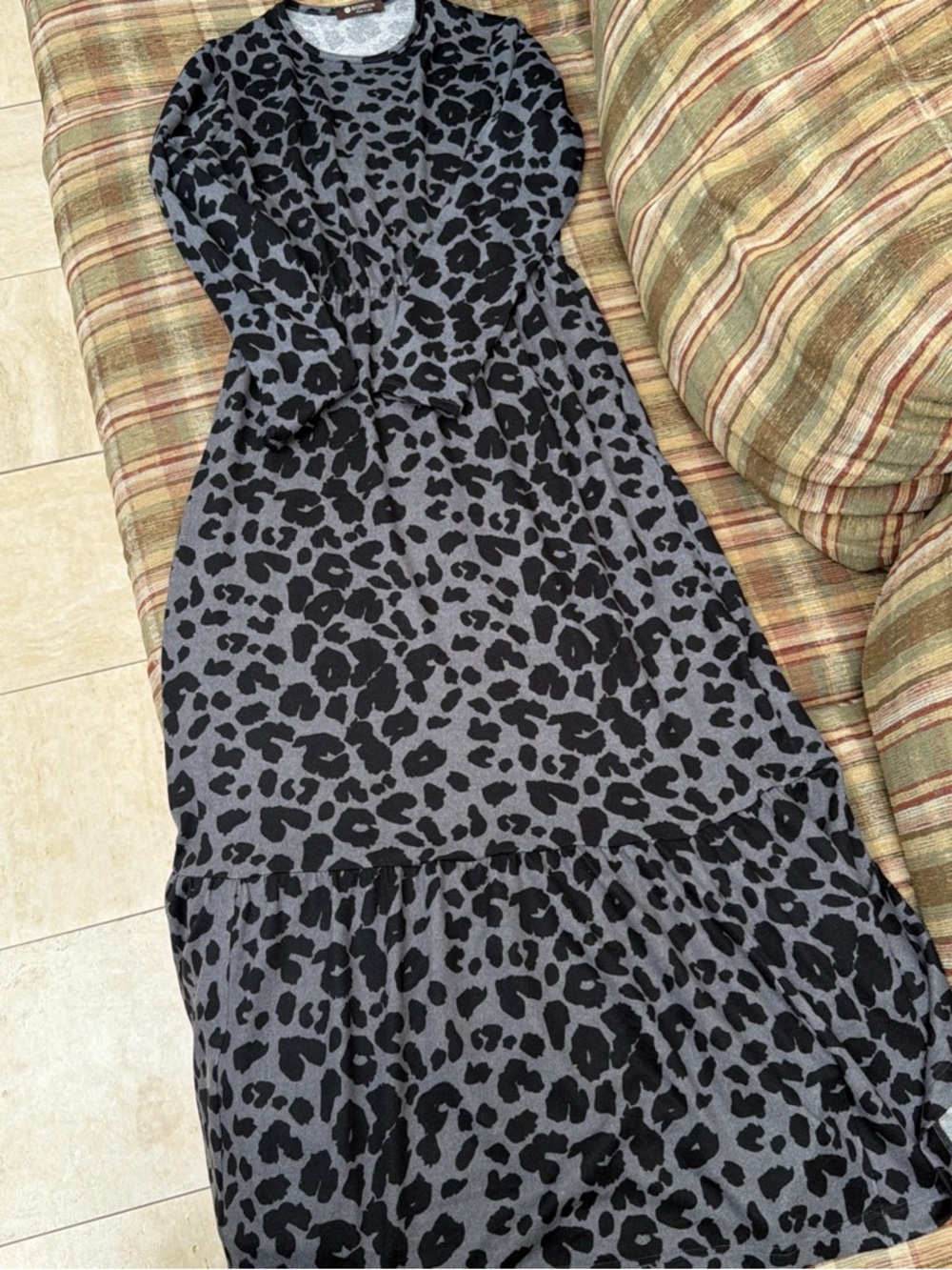 Gray and Black Leopard Print Maxi Dress - Long Sleeve